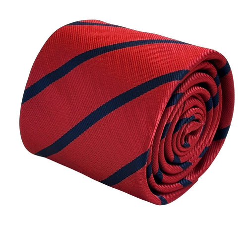 red tie with navy blue stripes